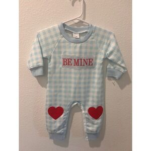 Baby Romper Gingham Blue Red Hearts "Be Mine" Valentine Outfit Size 0-3M